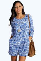 Boohoo Andie Blue Baroque Print 3/4 Sleeve Playsuit Blue
