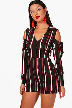 Boohoo Kate Cold Shoulder Striped Shirt Playsuit