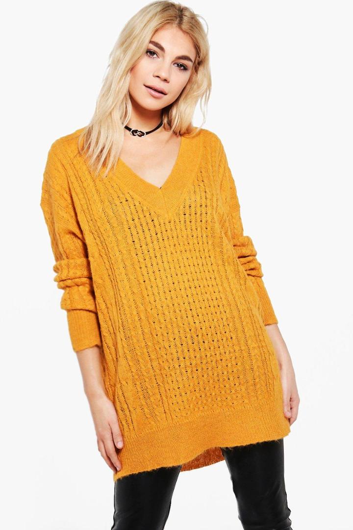 Boohoo Molly Deep V Oversized Jumper Mustard