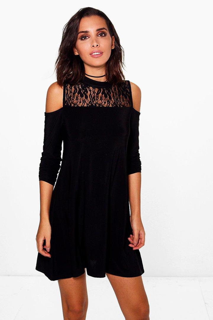 Boohoo Faye Lace Insert Cold Shoulder Swing Dress Black
