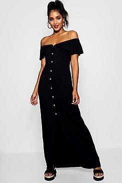 Boohoo Leila Off The Shoulder Button Front Maxi Dress