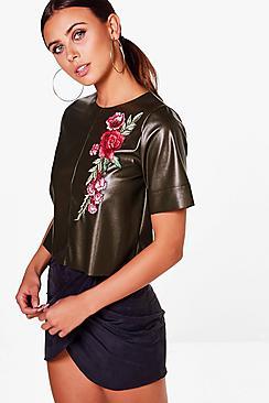 Boohoo Petite Claire Pu Embroidered Tee