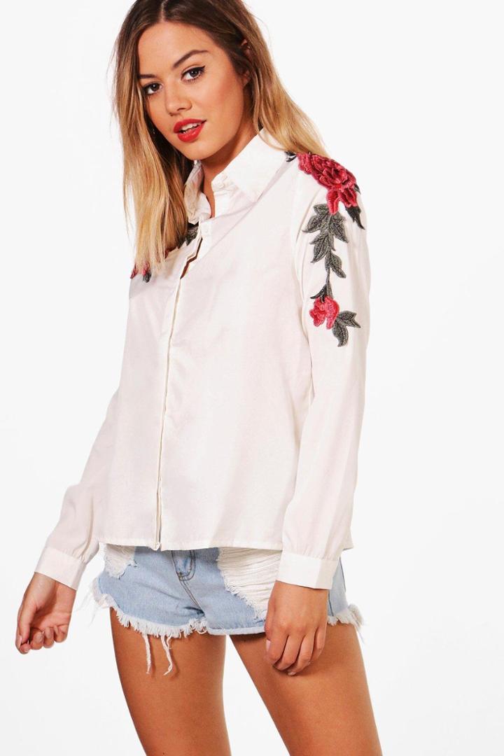 Boohoo Petite Alana Applique Floral Shirt White