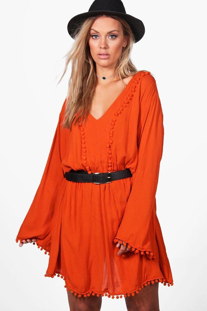 Boohoo Plus Casey Pom Pom Plunge Skater Dress Orange