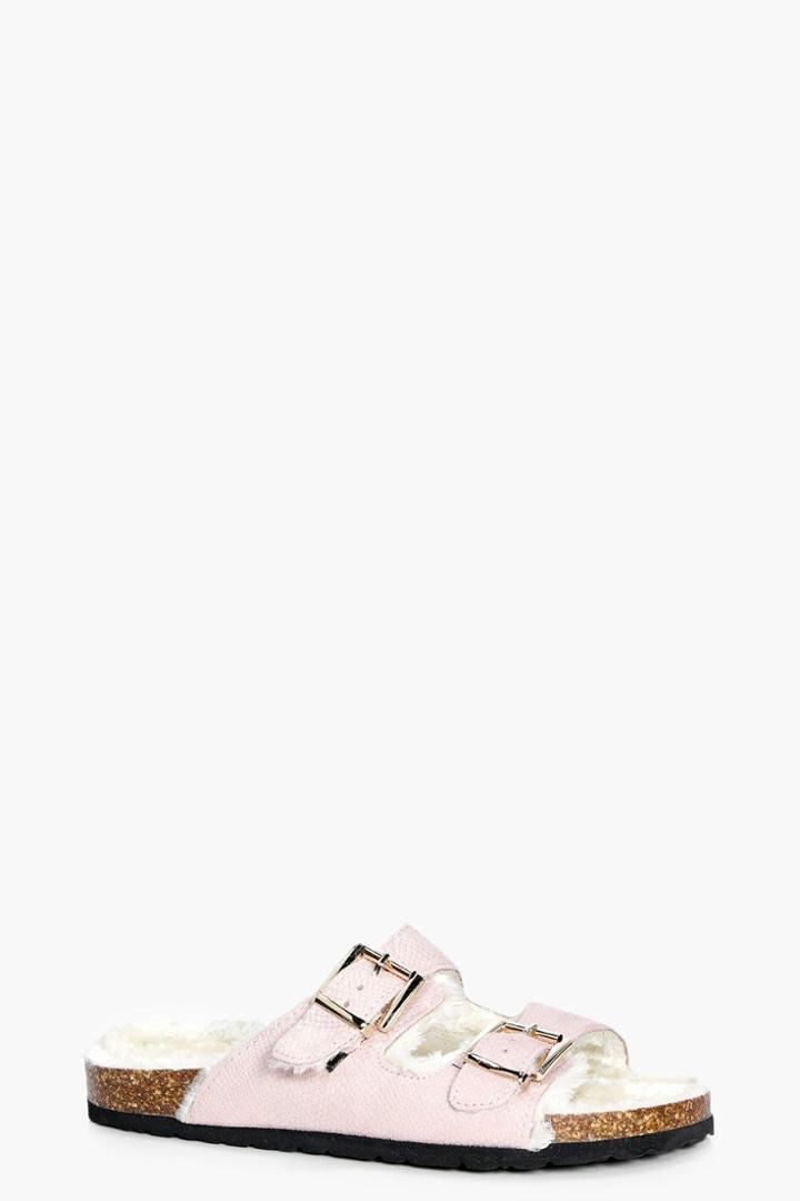 Boohoo Emma Fur Lined Double Strap Slider Blush