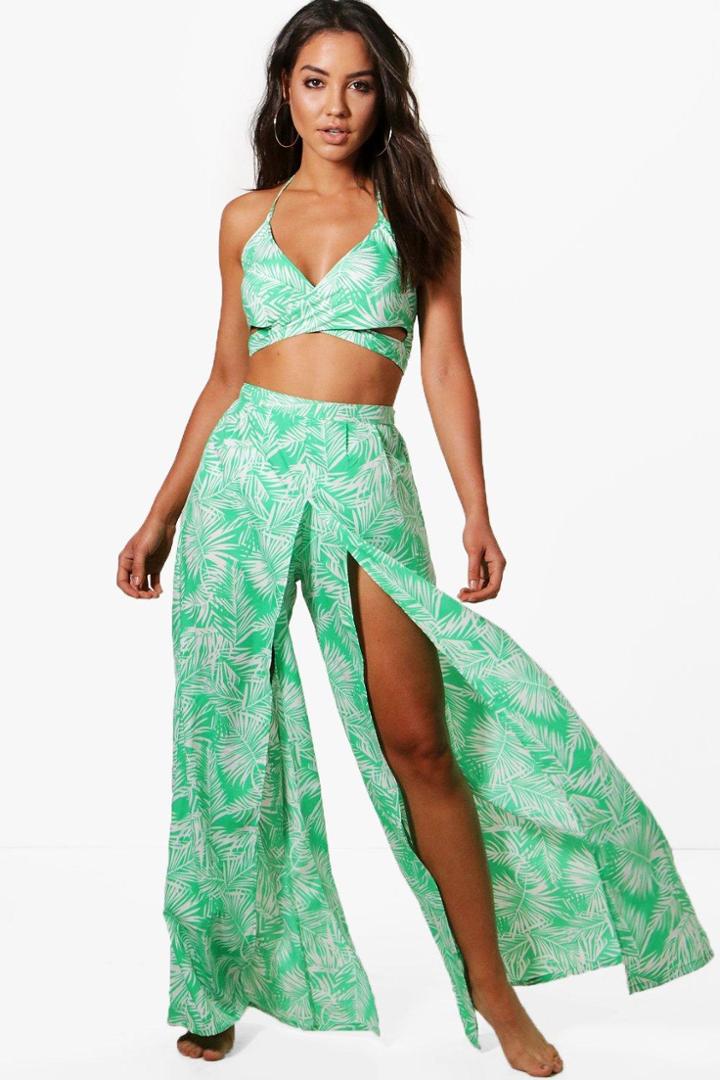 Boohoo Annie Island Leaf Split Leg Trouser Beach Co-ord Green