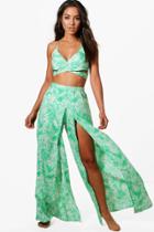 Boohoo Annie Island Leaf Split Leg Trouser Beach Co-ord Green