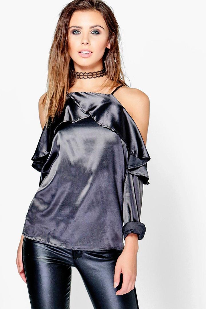 Boohoo Petite Holly Ruffle Open Shoulder Satin Blouse Smoke