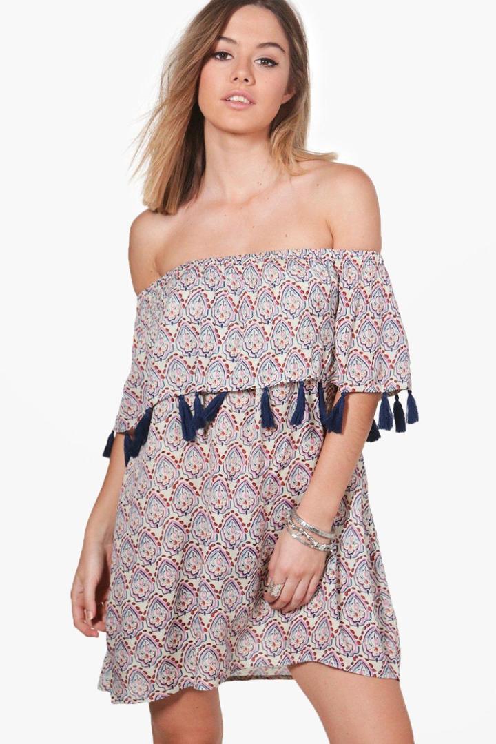 Boohoo Petite Marie Bright Tassle Off The Shoulder Top Multi