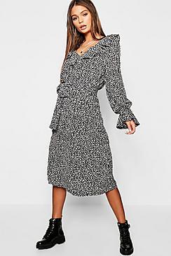 Boohoo Ruffle Front Dalmatian Print Midi Dress