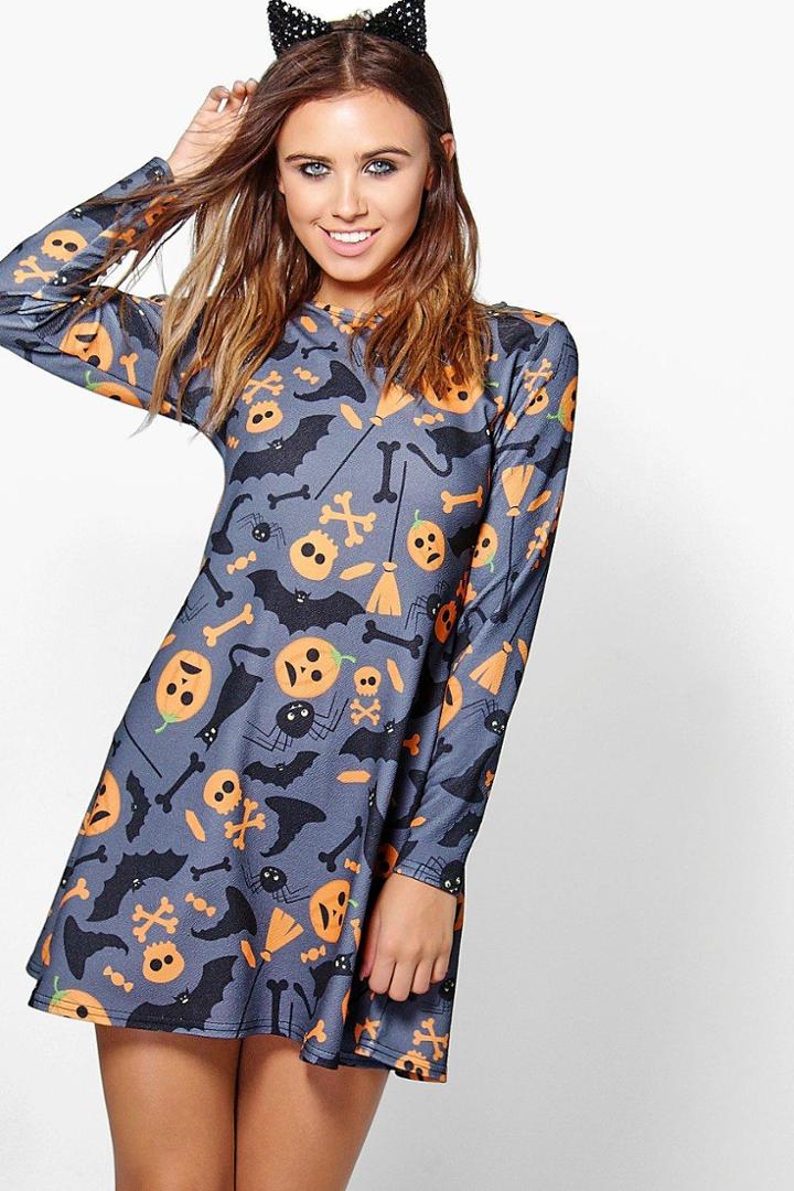 Boohoo Petite Alex Pumpkin Printed Halloween Swing Dress Multi