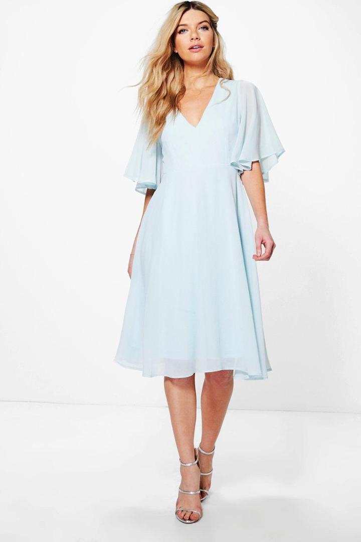 Boohoo Sadia Angel Sleeve Midi Skater Dress Sky