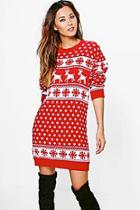 Boohoo Lottie Reindeers & Snowflake Christmas Jumper Dress
