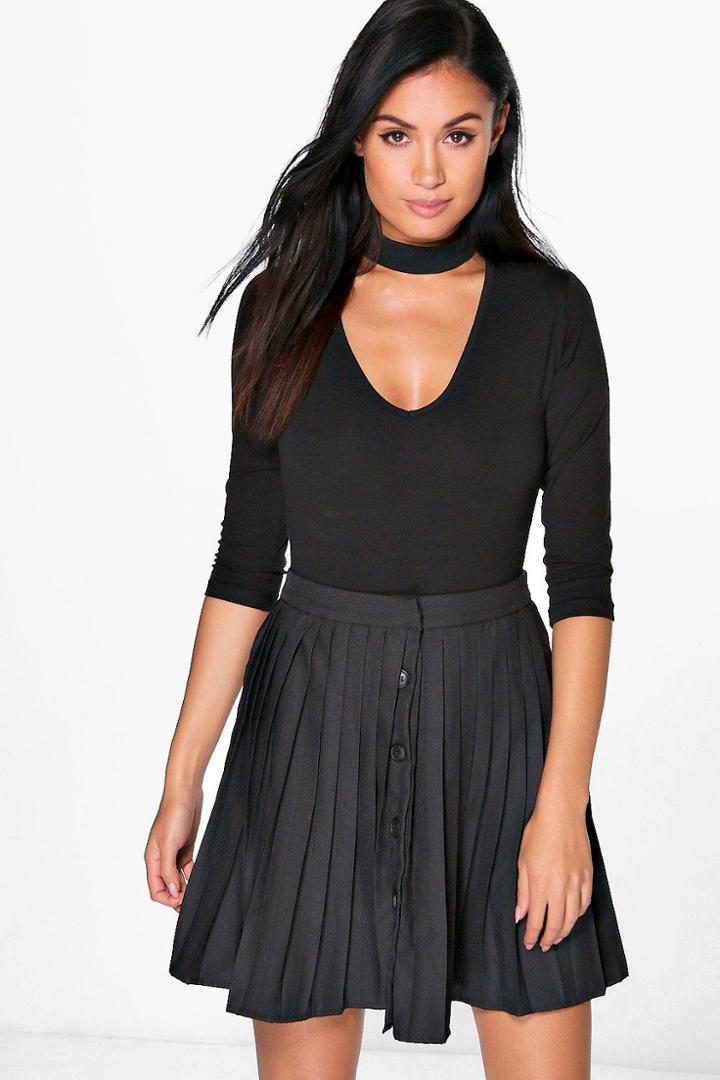 Boohoo Nila Button Front Pleated Mini Skirt Black