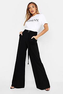 Boohoo Belted High Waist Wide Leg Trouser