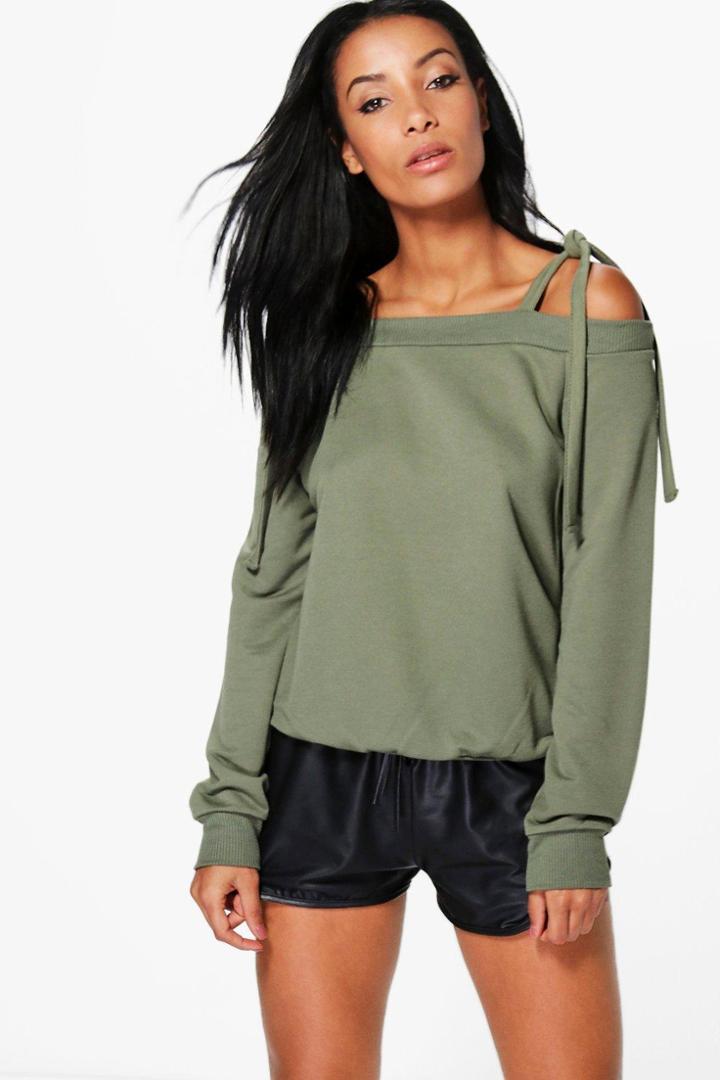 Boohoo Hayley Tie Cold Shoulder Sweatshirt Olive