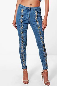Boohoo Petra Lace Up Front Skinny Jeans