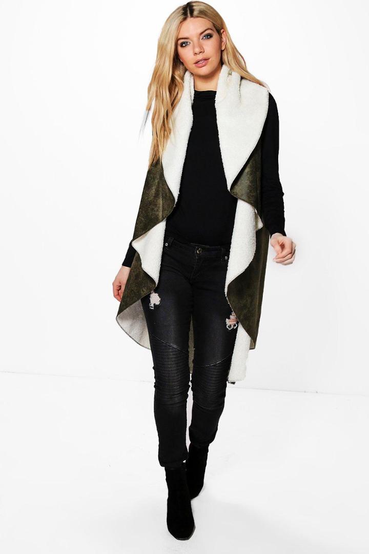 Boohoo Milly Waterfall Suedette & Borg Jacket Khaki