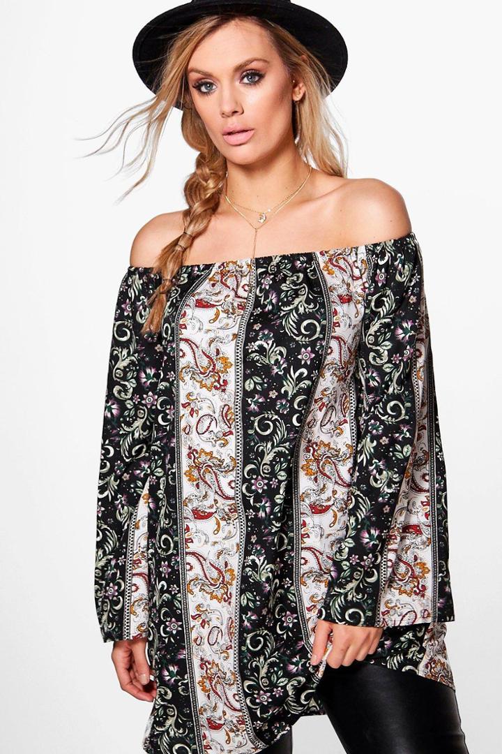 Boohoo Plus Imogen Western Off The Shoulder Top Multi