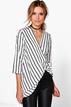 Boohoo Holly Stripe Drape Front Long Line Tunic