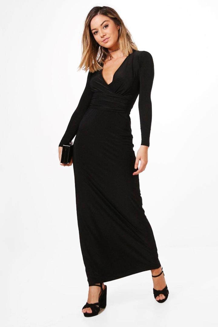 Boohoo Petite Amber Wrap Gather Detail Maxi Dress Black