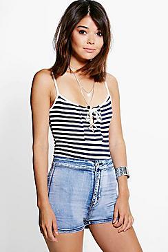 Boohoo Hayley High Rise Tube Denim Shorts