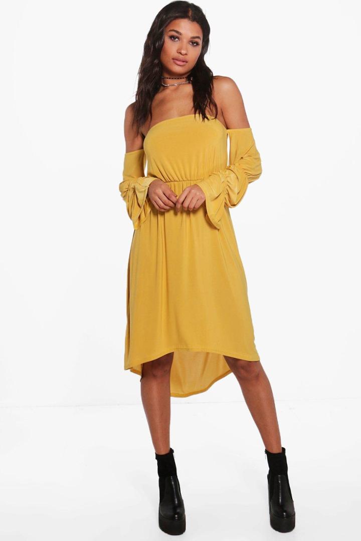Boohoo Daisy Off Shoulder Blousen Sleeve Midi Dress Honeydew