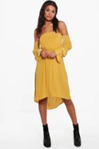 Boohoo Daisy Off Shoulder Blousen Sleeve Midi Dress Honeydew