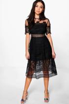 Boohoo Boutique Cary Lace Mesh Midi Skater Dress Black