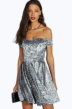 Boohoo Tall Nala Crushed Velvet Off The Shoulder Dress