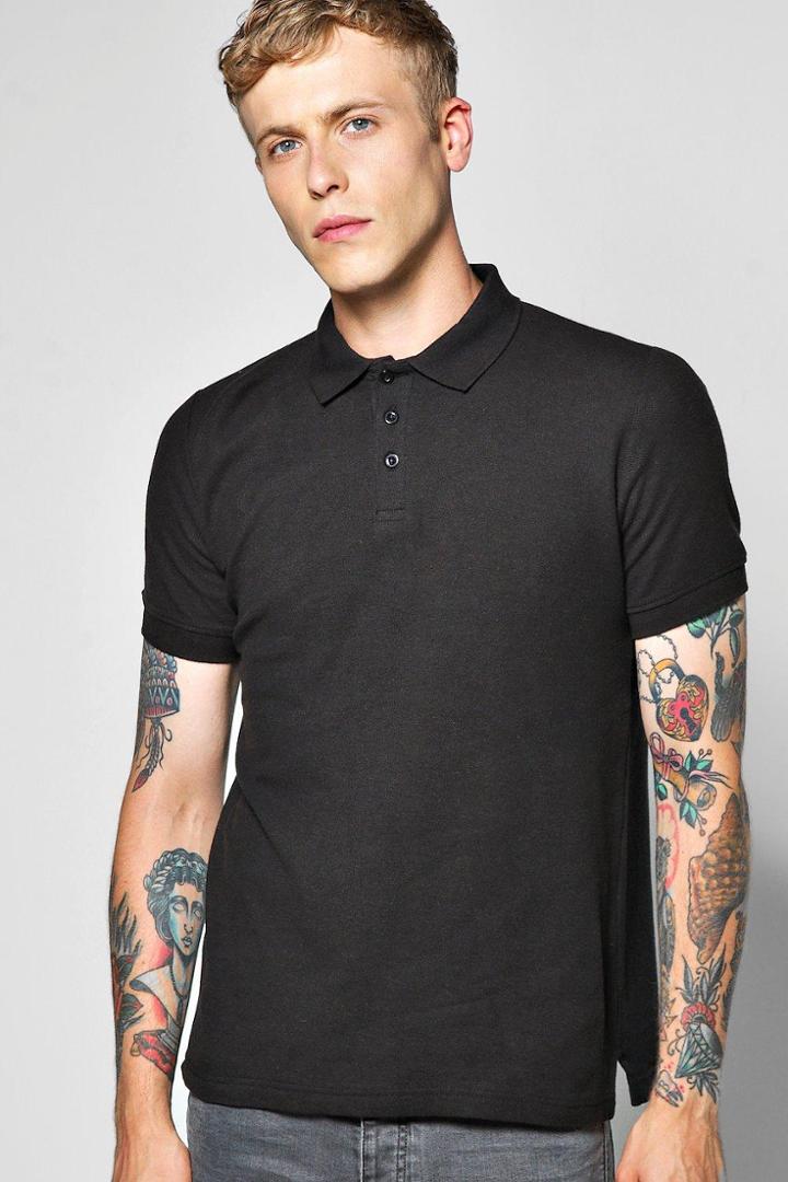 Boohoo Basic Slim Fit Cotton Pique Polo Black