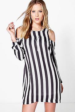 Boohoo Haillie Cold Shoulder Stripe Shift Dress