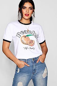 Boohoo Peachy Slogan Ringer Crop Tee