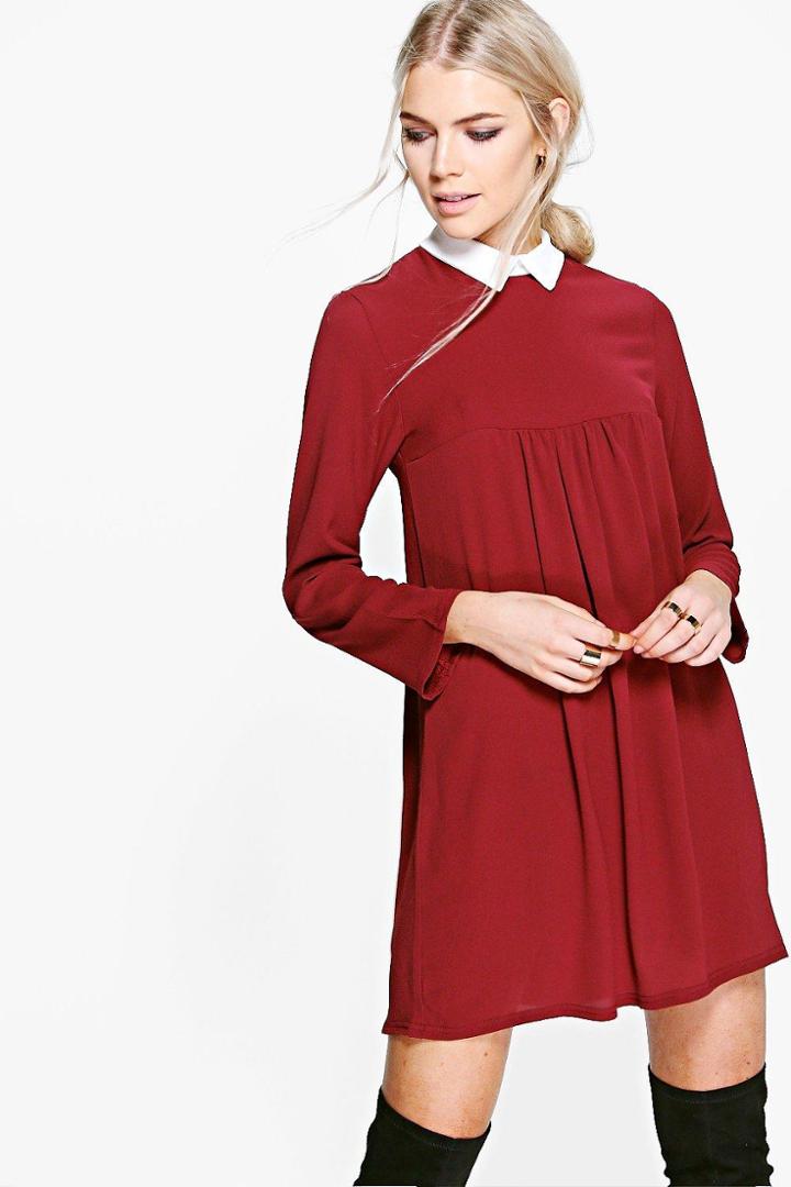 Boohoo Demi Colour Full Sleeve Shift Dress Merlot