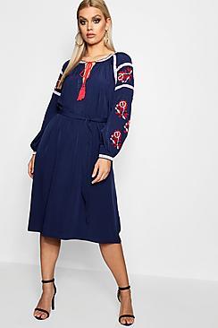 Boohoo Plus Eliza Embroidered Mid Dress