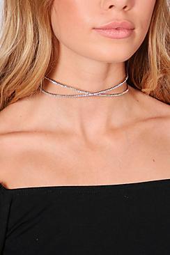 Boohoo Danika Double Diamante Cross Over Choker