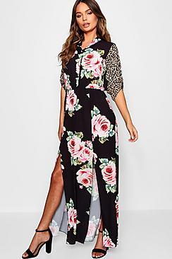 Boohoo Mix Print Double Split Shirt Dress