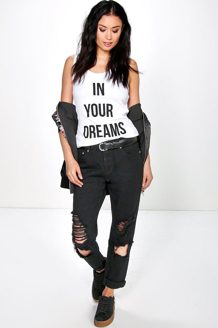 Boohoo Gemma Ripped Knee Low Rise Boyfriend Jeans Black