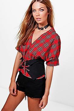 Boohoo Annabel Check Off The Shoulder Corset Top