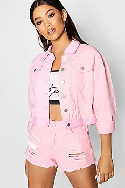 Boohoo Lizzie Pink Patchwork Cropped Denim Jacket