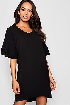 Boohoo Woven Double Frill Sleeve Shift Dress