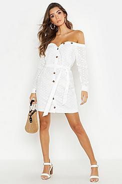 Boohoo Off The Shoulder Broderie Anglais Tie Waist Dress