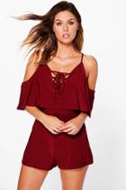 Boohoo Mia Lace Up Front Open Shoulder Playsuit Wine