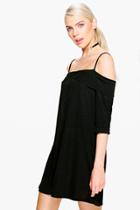 Boohoo Ivy Frill Cold Shulder Button Down Shift Dress Black