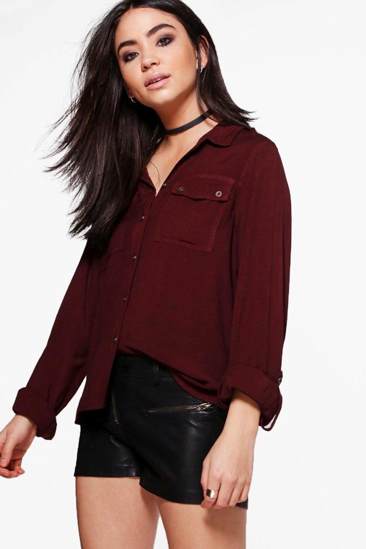 Boohoo Alicia Pocket Front Shirt Wine