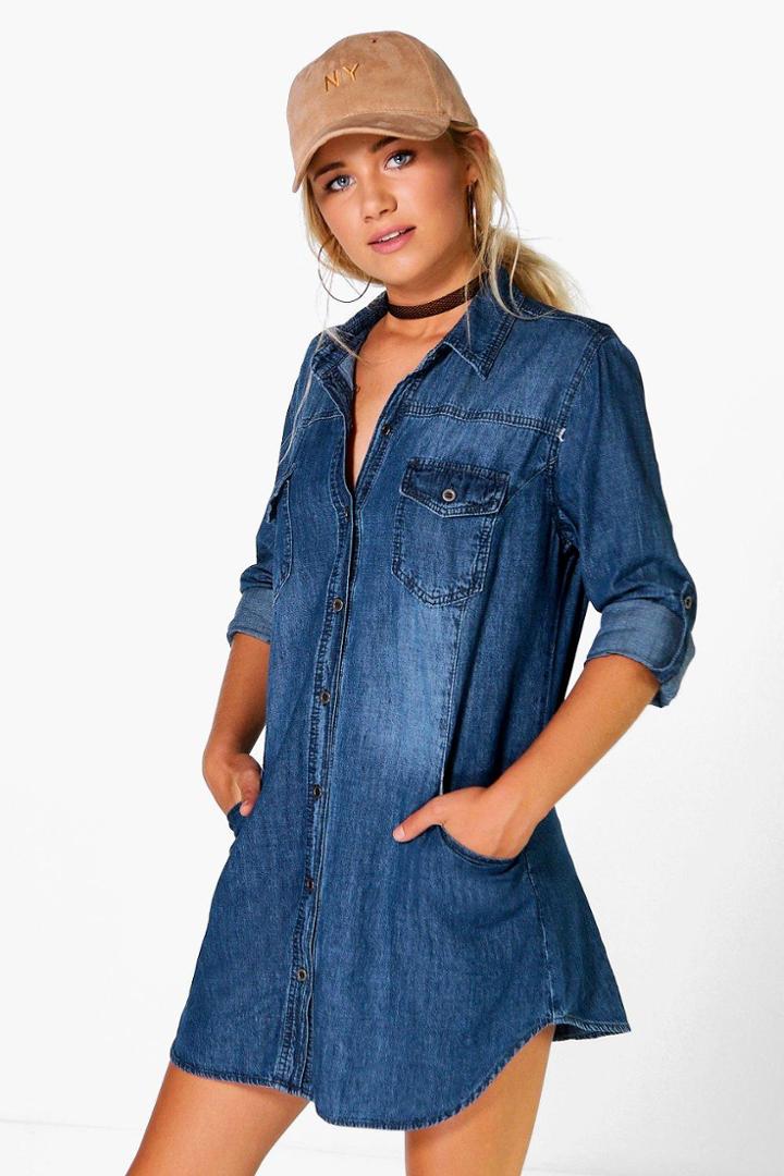 Boohoo Beth Long Sleeve Denim Shirt Dress Blue