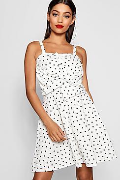 Boohoo Lemon Spot Bow Front Skater Dress