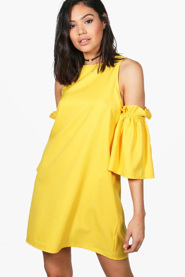 Boohoo Tyra Cold Shoulder Ruffle Sleeve Shift Dress Yellow