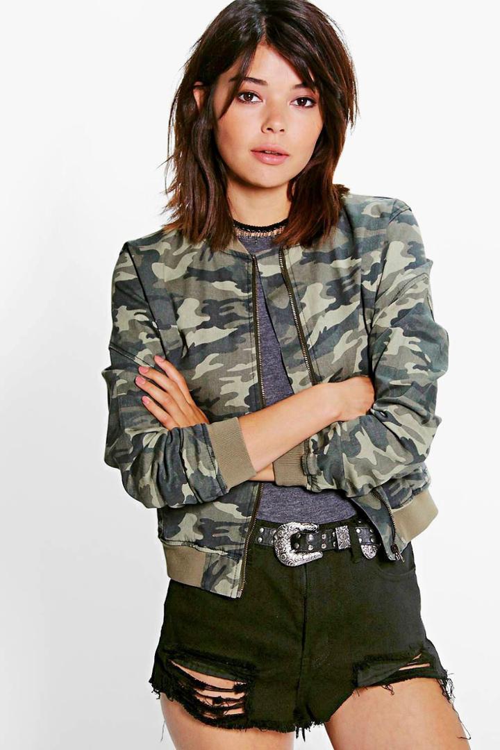 Boohoo Kaley Denim Ma1 Bomber Jacket Camo