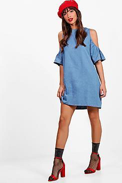 Boohoo Zip Back Cold Shoulder Denim Dress